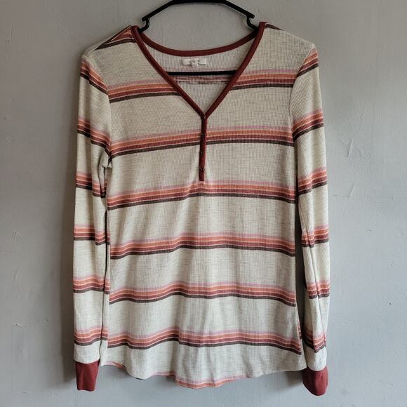 Women's medium Maurices long sleeve thermal shirt henley striped brown beige - Picture 1 of 6